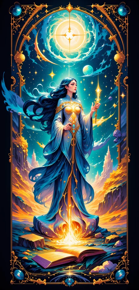 "A stylized Tarot card named 'The Holographic Priestess,' depicting a mystical figure standing before a portal of swirling, digital light. The Priestess is dressed in a flowing robe of luminescent fabric that ripples like liquid silver, her eyes glowing with the knowledge of the cosmos. She holds a glowing scepter in one hand, and a book of ancient, encrypted runes in the other, from which light cascades like a waterfall of data. The backdrop is a fusion of abstract, digital landscapes and vibrant, cosmic swirls, creating a sense of infinite knowledge and power. The cardâs border is adorned with a mix of delicate floral patterns and intricate circuit designs, all glowing with a soft, ethereal light."
<lora:abstract_render_flux:0.4>,<lora:Painted_World_Flux:0.8>,<lora:Dreamwave_FLUX:0.6>,<lora:dreamlands_flux:0.6>,