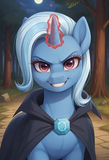 score_9, score_8_up, score_7_up, score_6_up, score_5_up, score_4_up, pony, feral pony, ((anatomically correct)), g4, Trixie, black cloak, red magic, angry, smile, night, forest, look at you, look at viewer, looking at viewer, look at you, beautiful, detailed, (detailed cute pony face), detailed fur, beautiful, vector, flat colors, (beautiful long eyelashes), detailed background, beautiful background, Expressiveh, easynegative, shadows, shadow, realistic shadows