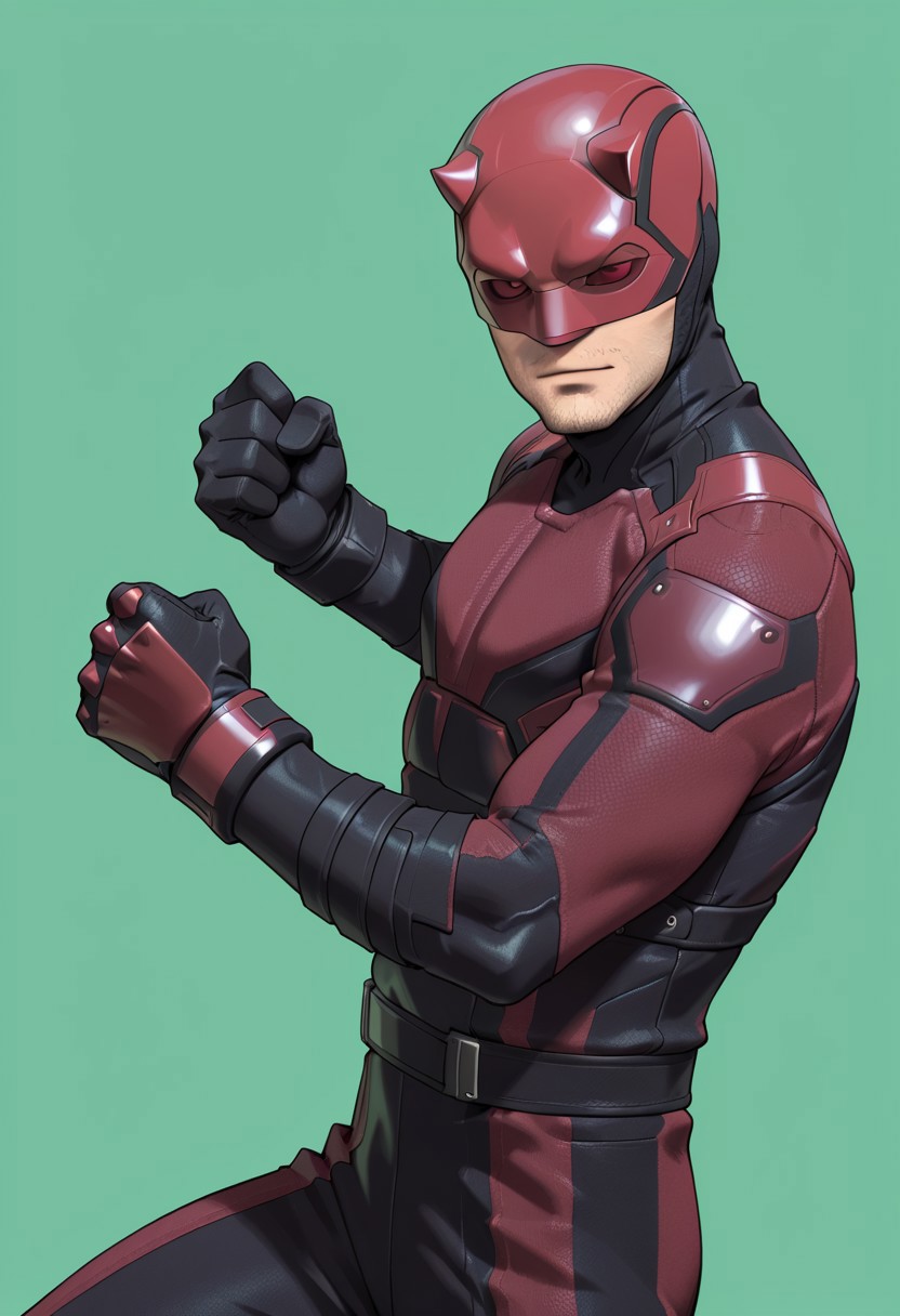 Green background, simple background, solid color background, 2d, 1boy, solo, Marvel, DD, mask, stubble, facial hair, helmet, red eyes, no pupils, red sclera, red bodysuit, black trim, upper body, hands up, fists, fight stance, looking at viewer, side view, cowboy shot, legs,
