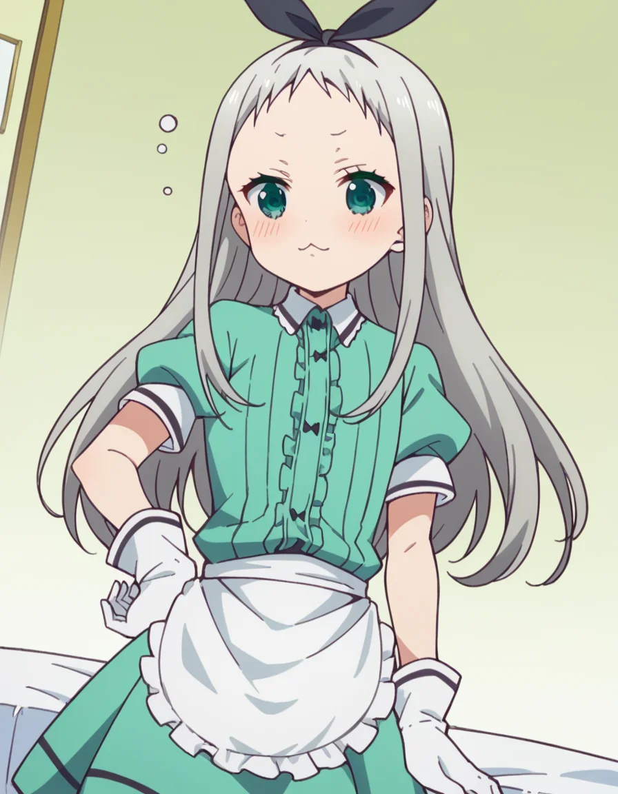 score_9, score_8_up, score_7_up, source_anime, <lora:hideri-kanzaki-s1-ponyxl-lora-nochekaiser:1>, hideri kanzaki, long hair, bow, green eyes, hair bow, grey hair, male focus, hairband, black hairband, otoko no ko, forehead,, gloves, dress, short sleeves, frills, puffy sleeves, white gloves, apron, puffy short sleeves, waist apron, white apron, frilled apron, waitress,, indoors, bed, bed room, on side, blush, drunk,, , , elbow bent, foot crossed, hand on hip, solo,, cowboy shot, dutch angle