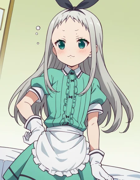score_9, score_8_up, score_7_up, source_anime, <lora:hideri-kanzaki-s1-ponyxl-lora-nochekaiser:1>, hideri kanzaki, long hair, bow, green eyes, hair bow, grey hair, male focus, hairband, black hairband, otoko no ko, forehead,, gloves, dress, short sleeves, frills, puffy sleeves, white gloves, apron, puffy short sleeves, waist apron, white apron, frilled apron, waitress,, indoors, bed, bed room, on side, blush, drunk,, , , elbow bent, foot crossed, hand on hip, solo,, cowboy shot, dutch angle