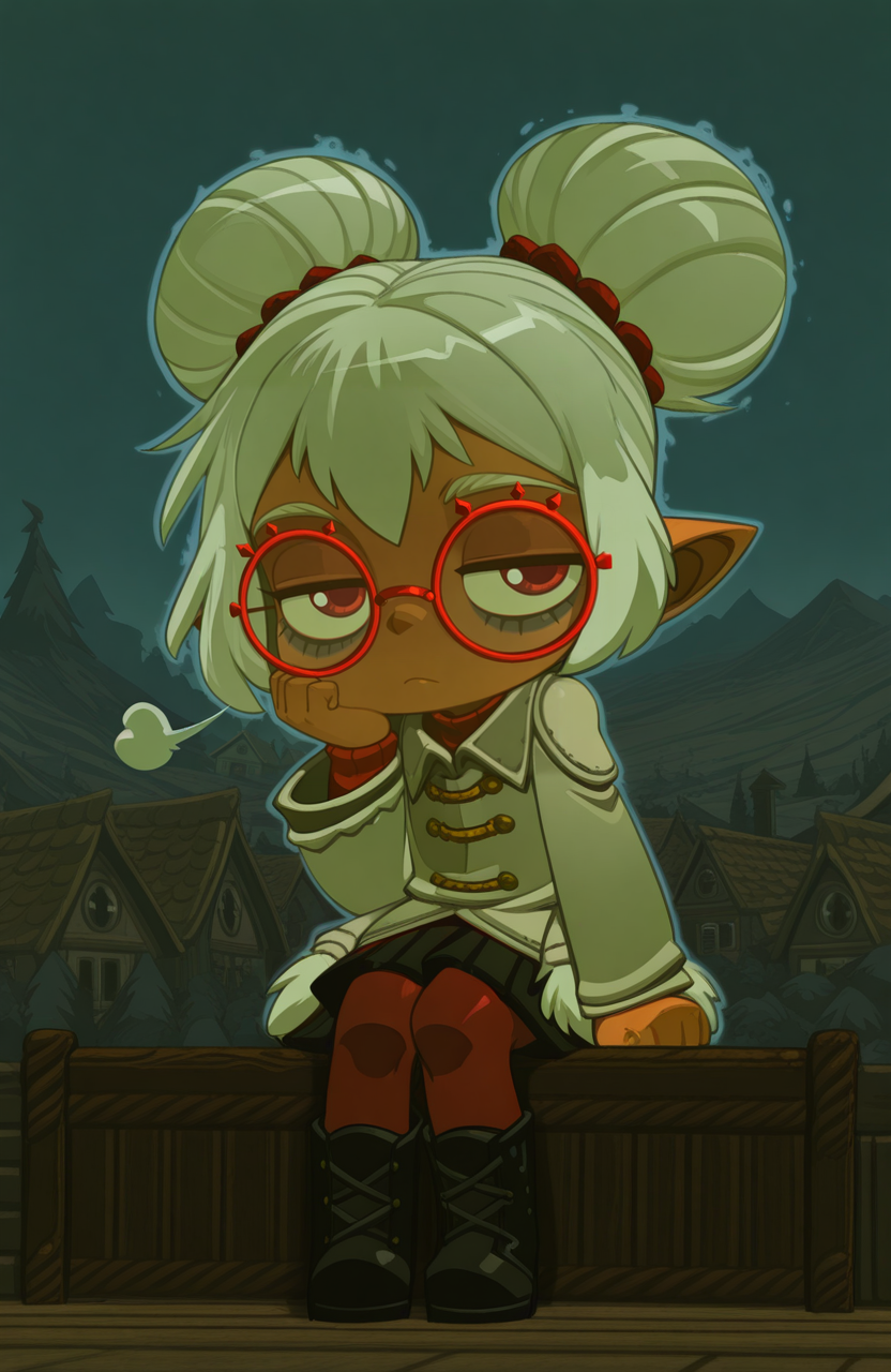 <lora:anatomy_helper:0.8> 1girl, solo, full body, <lora:Bleedman:1> bleedman,
<lora:LilPurah-IL:0.8> prhmini, red eyes, red-framed eyewear, red-framed eyewear, dark-skinned female, white hair, double bun, chibi, pointy ears, winter outfit, cape coat, midi skirt, pantyhose, lace-up boots, turtleneck,
 village, gloomy, downcast eyes, frown, hunched shoulders, bord, gloomy aura, expressionless,  lowered eyelids,  bags under eyes, sigh, depressed,, solo, sitting , pondering pose , head_rest , knees together ,,, extremely detailed, highres, masterpiece, best quality