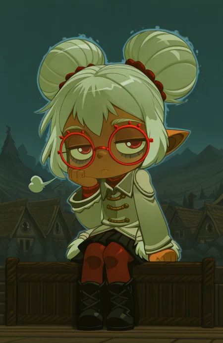 <lora:anatomy_helper:0.8> 1girl, solo, full body, <lora:Bleedman:1> bleedman,
<lora:LilPurah-IL:0.8> prhmini, red eyes, red-framed eyewear, red-framed eyewear, dark-skinned female, white hair, double bun, chibi, pointy ears, winter outfit, cape coat, midi skirt, pantyhose, lace-up boots, turtleneck,
village, gloomy, downcast eyes, frown, hunched shoulders, bord, gloomy aura, expressionless, lowered eyelids, bags under eyes, sigh, depressed,, solo, sitting , pondering pose , head_rest , knees together ,,, extremely detailed, highres, masterpiece, best quality