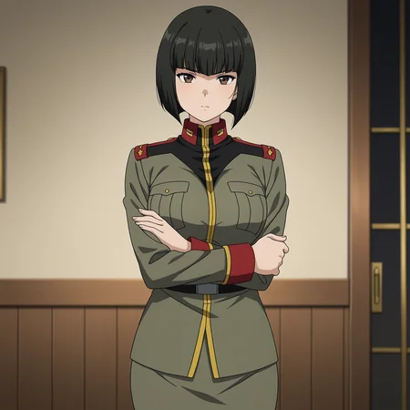 masterpiece, best quality, amazing quality, anime screencap, 1girl, solo, standing, cowboy shot, looking at viewer, <lora:AblesSecretaryUC:0.9>, AblesSecretaryUC, black hair, short hair, blunt bangs, bob cut, brown eyes, large breasts, military uniform, pencil skirt,