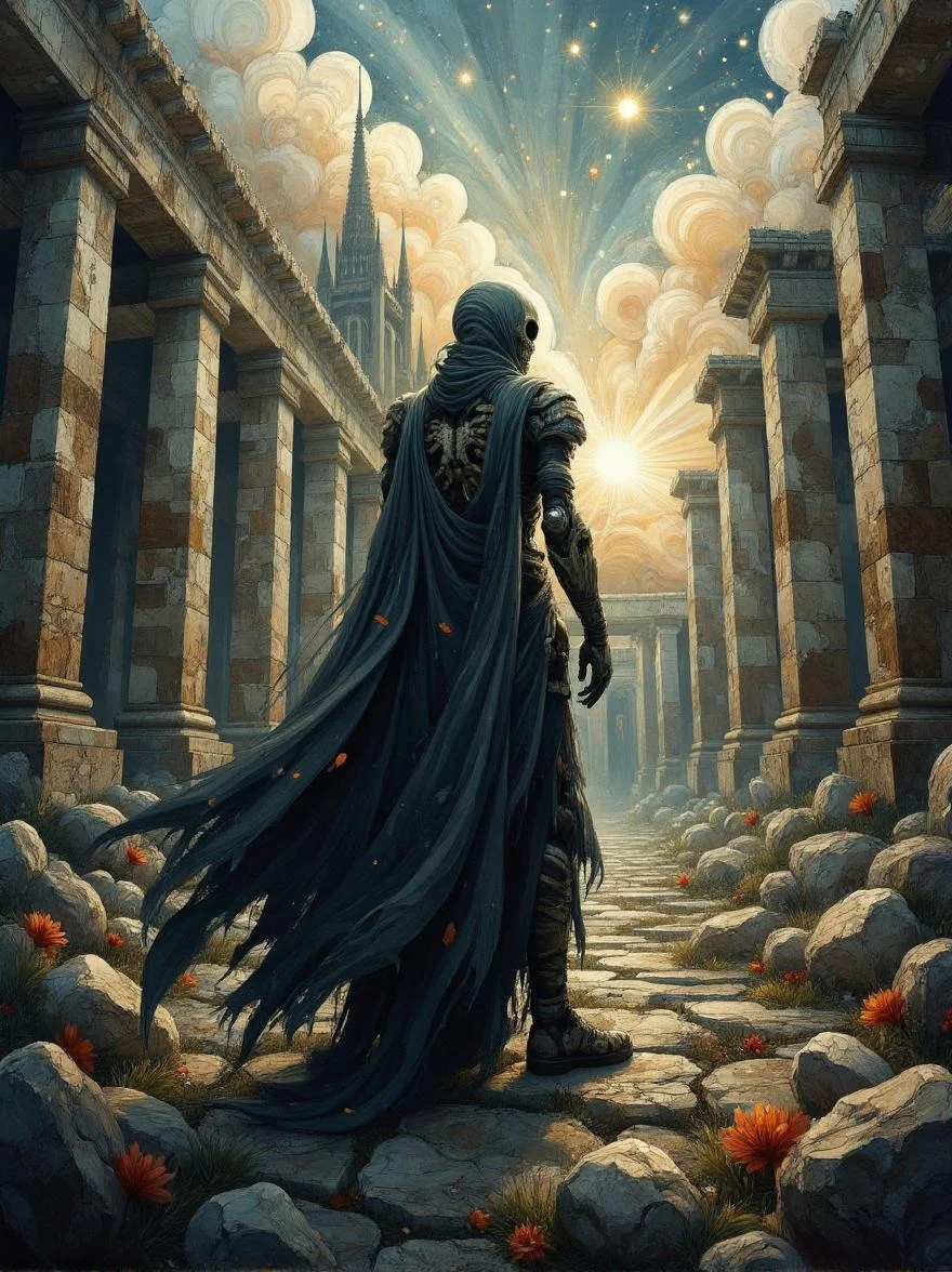 <lora:ck-swirlycircles-000015.safetensors:1> digital artwork in the style of ck-swc
In the heart of a vast, ruined city, where the ghosts of ancient empires mingle with the remnants of a futuristic dystopia, stands a spectral warrior. Clad in tattered bandages that seem to unravel like the threads of time itself, the figure dons a flowing, dark grey cloak that sweeps the ground, carrying the weight of countless eras. The low-angle shot, framed by the crumbling pillars of an Assyrian temple and the twisted metal of a futuristic structure, emphasizes the imposing figure, creating a haunting, monumental presence.
The earthy tones of the ancient stones blend with the cold, metallic hues of the dystopian remnants. The moody lighting, casting long shadows and creating pools of darkness, enhances the somber, mysterious atmosphere. The skeletal warrior, a blend of bones and advanced biomechanical implants, stands as a guardian of time, its gaze fixed on the horizon where the past and future converge.
Detailed textures and soft, diffused light highlight the skeletal structure and ragged fabric, adding layers of depth. The air is thick with the scent of decaying petals and rust, a juxtaposition of organic and synthetic decay. In the background, the remnants of a Gothic cathedral rise, its spires reaching towards a sky streaked with the remnants of a nebula. The scene is a tapestry of eras, a testament to the interplay of time and memory, where the echoes of the past resonate through the corridors of a forgotten future.
