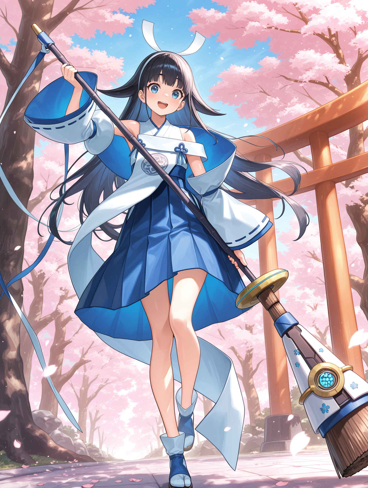 shinonome the vaylantz priestess,1girl,solo,torii,cherry blossoms,outdoors,open mouth,smile,tree,petals,standing,looking at viewer,holding white broom,:d,full body,white broom,standing on one leg,blue sky,white hairband,white ribbon-trimmed sleeves,white sleeveless kimono,blue hakama skirt,white tabi,blue sandals,white breast curtain,
masterpiece,best quality,amazing quality,very aesthetic,absurdres,newest,scenery,extreme detail,8k,light particles,soft lighting,volumetric lighting,intricate details,finely detailed,detailed eyes,<lora:Shinonome the Vaylantz Priestess illusXL v1.1:0.75>,