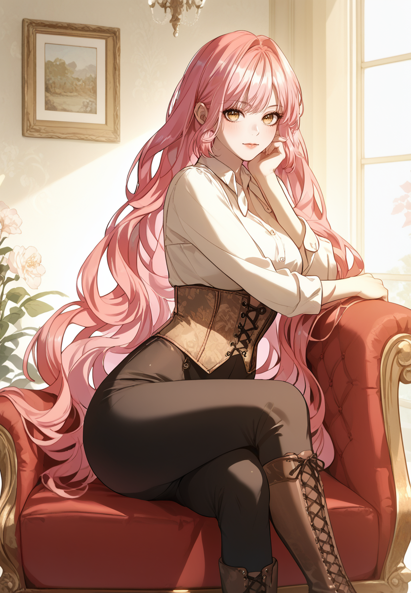 zPDXL3, score_9_up, score_8_up, score_7_up, (Anime_source),Masterpiece,(perfect female body:1.2), small waist, (incredibly detailed:1.4), slim, beautiful fingers, beautiful white skin, Beautiful clear skin, (large breasts:1.4) looking at viewer, big breasts, ass, perfect ass, <lora:Cherry_Sinclair_-_The_Male_Leads_are_Trapped_in_My_House-Kaleid_PONY:0.8>cherrysinclair, 1girl, pink hair, yellow eyes, very long hair, corset, black pants, high boots, brown boots, white shirt, crossed legs, head rest, leaning forward, lying on chair, legs up, from side