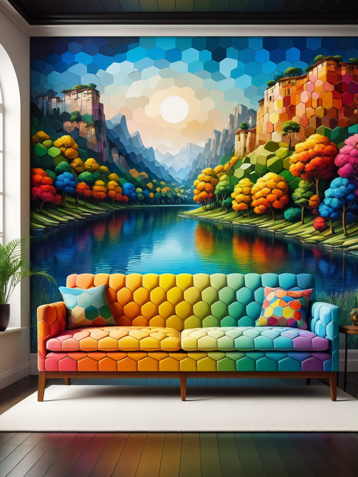 colorful madhxg sofa in living room, photo of a landscape on the wall <lora:Colorful_Hexadons_SDXL:1>, (masterpiece:1.2), best quality, (hyperdetailed, highest detailed:1.2), high resolution textures