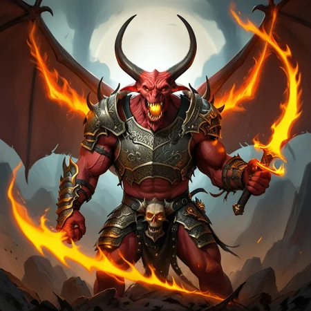 balor, wings, solo, horns, fire, armor, demon, weapon, no humans, red skin, 1boy This image is a highly detailed digital painting of a fantastical, demonic figure. The creature, a demonic warrior, stands in a powerful, dynamic pose, with a menacing expression. Its body is a deep, fiery red, with muscular, imposing physique, and it has a menacing, humanoid form with a mix of human and demonic features. The figure's head is that of a demon, with horns, a snarling mouth, and glowing red eyes.   Its arms are muscular and end in sharp, claw-like hands. The creature wears dark, armor-like shoulder pads on its shoulders, adorned with intricate, glowing patterns that match the fiery aura emanating from it. The armor is black with a hint of dark red, enhancing the fiery theme.  The creature's wings, large and bat-like, are a darker, more muted brown, partially transparent, and seem to be made of a leathery material. Flames and glowing energy swirl around its body, particularly around its wings and hands, adding to the fiery, demonic appearance.  In its right hand, it holds a massive, curved sword with a serrated blade and a handle adorned with skulls, which glows with the same fiery energy as the rest of its body.