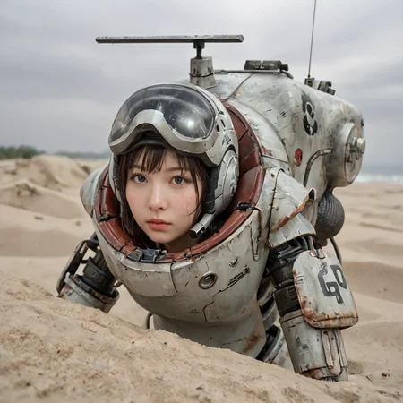 score_9,score_8_up,score_7_up, shiny oild skin, wet, sweat, looking at viewer, 
MKrieger, science fiction,  grey sand, regolith, craters, smoke on horizon,mecha, robot,action, kow_yokoyama, (SAFS), pilot_inside, fully_open_hatch, 1girl, exotic face, short hair,  helmet, upper body, 
 <lora:Maschinen_Krieger_Pony:0.75>