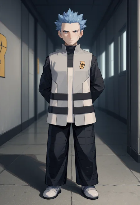 score_9, score_8_up,score_7_up, source_anime, 1boy, solo, outfitginga,
short hair, blue hair, blue eyes,
open jacket, black shirt, grey jacket, sleeveless jacket, emblem, black pants, shoes, grey footwear, long sleeves, multiple belts,
looking at viewer, closed mouth, full body, arms behind back, standing, frown, legs apart,
indoors,
<lora:cyrs_pdxl_EliPot:1>