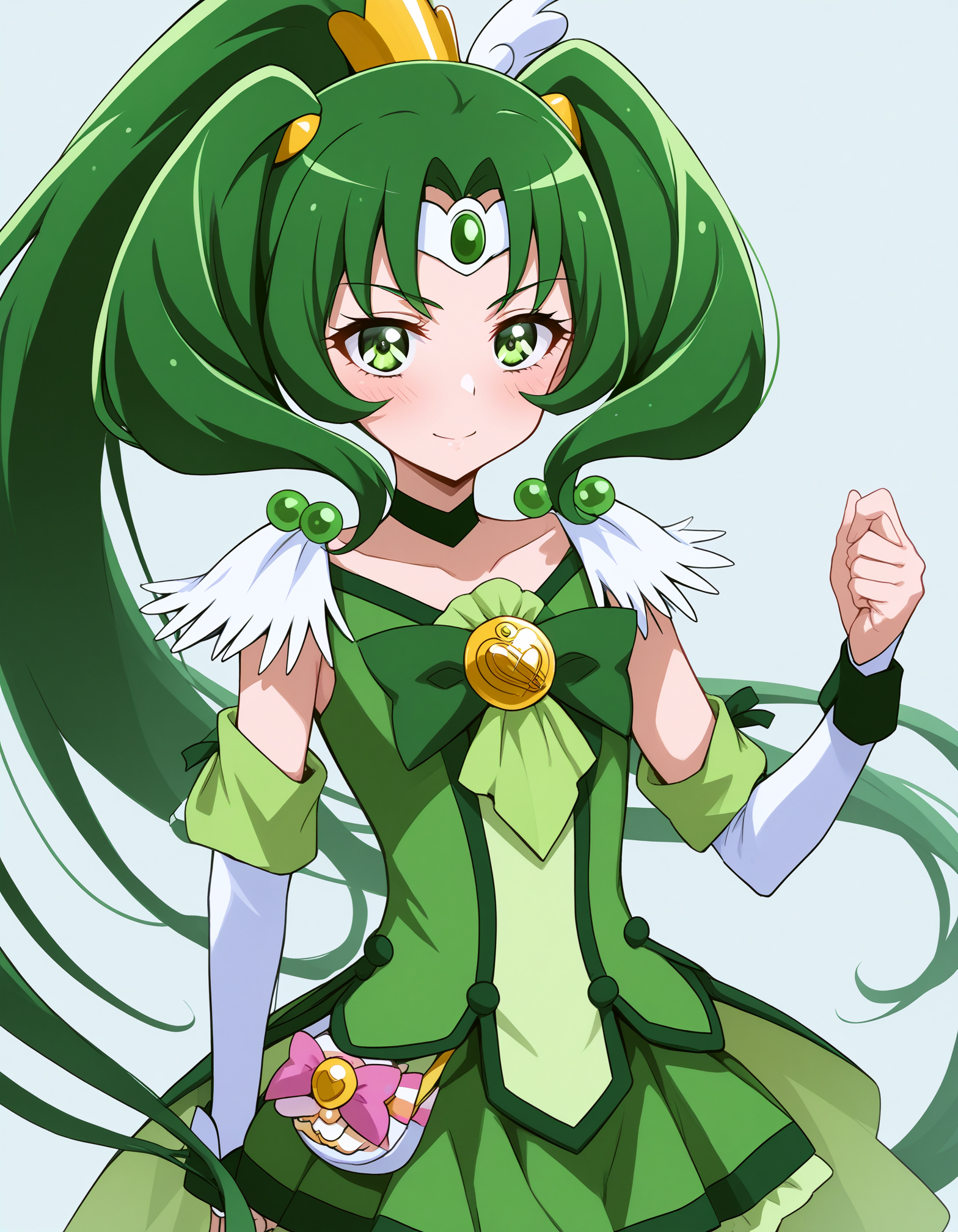 score_9, <lora:sdxl_lightning_8step_lora:1> source_anime, rating_explicit BREAK 1girl, solo,
<lora:ponyxl-char_smile_precure_transformed:1> 
MN-CM, 1girl, green eyes, high ponytail, tri tails, green hair, very long hair, hair ornament, wing ornament, jewerly, circlet, green choker, gold hairclip,
green bow, green shorts, green skirt, bike shorts, shorts under skirt, green wrist cuffs, detached sleeves,
portrait