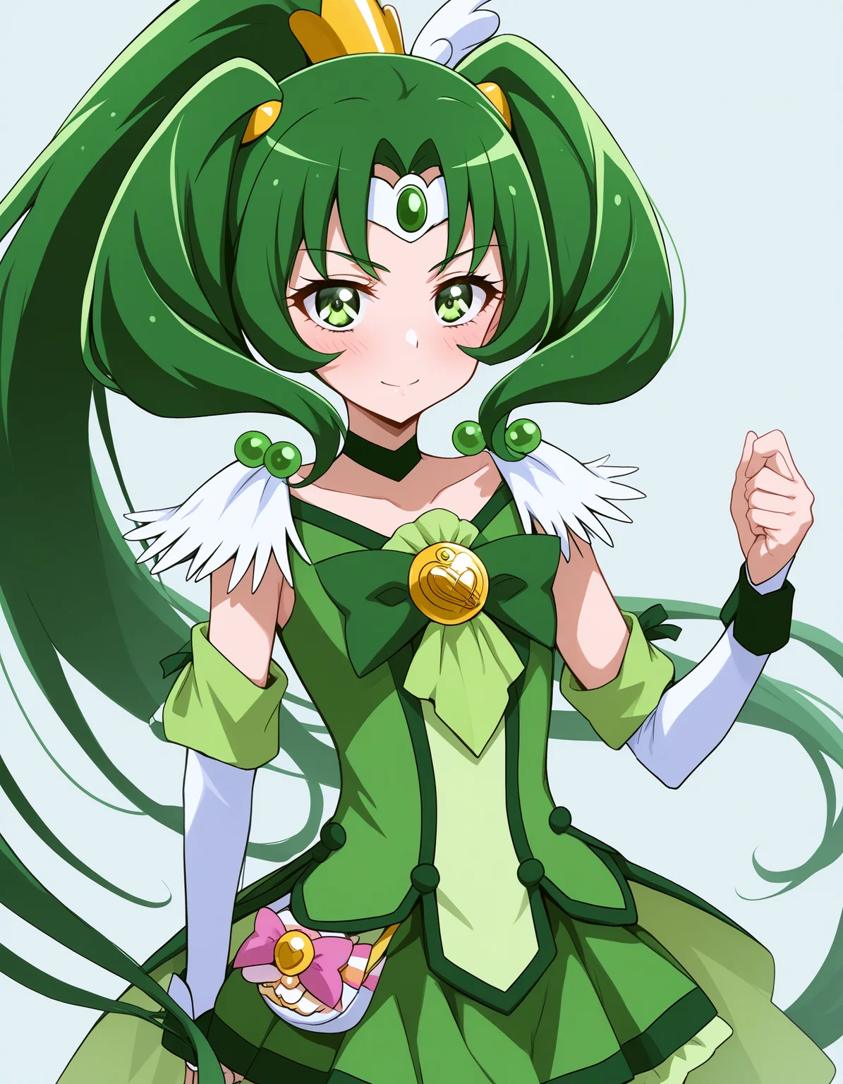 score_9, <lora:sdxl_lightning_8step_lora:1> source_anime, rating_explicit BREAK 1girl, solo,
<lora:ponyxl-char_smile_precure_transformed:1> 
MN-CM, 1girl, green eyes, high ponytail, tri tails, green hair, very long hair, hair ornament, wing ornament, jewerly, circlet, green choker, gold hairclip,
green bow, green shorts, green skirt, bike shorts, shorts under skirt, green wrist cuffs, detached sleeves,
portrait