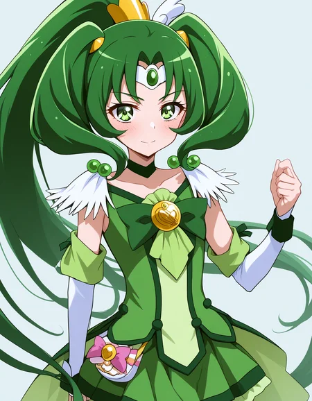 score_9, <lora:sdxl_lightning_8step_lora:1> source_anime, rating_explicit BREAK 1girl, solo,
<lora:ponyxl-char_smile_precure_transformed:1> 
MN-CM, 1girl, green eyes, high ponytail, tri tails, green hair, very long hair, hair ornament, wing ornament, jewerly, circlet, green choker, gold hairclip,
green bow, green shorts, green skirt, bike shorts, shorts under skirt, green wrist cuffs, detached sleeves,
portrait