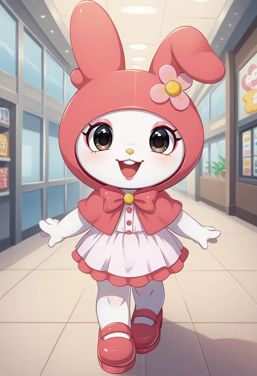 score_9, score_8_up, score_7_up, score_6_up, score_5_up, (ultra realistic, 32k, masterpiece:1.2), (high quality:1.1), Mymelo, antro, female, solo, smile, animal ears, open mouth, full body, day, rabbit ears, no humans, happy, pink flower, animal hood, animal focus, hooded capelet, furry, pokemon (creature), white body, pink ears, mall, bedroom eyes, pink makeup, pink mary jane shoes,, pink gothic dress with lace, pink lipstick, cute smile, looking at viewer, by ziffir
