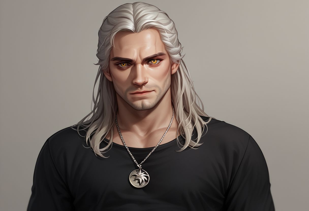 dskgeralt, solo, long hair, looking at viewer, shirt, 1boy, jewelry, closed mouth, upper body, white hair, male focus,  necklace, black shirt, facial hair, yellow eyes,  PonyXLV6_Scores zPDXL