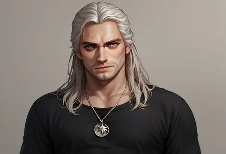 dskgeralt, solo, long hair, looking at viewer, shirt, 1boy, jewelry, closed mouth, upper body, white hair, male focus, necklace, black shirt, facial hair, yellow eyes, PonyXLV6_Scores zPDXL