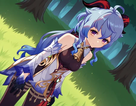 score_9, score_8_up, score_7_up, source_anime,
ganyu, <lora:genshin-ganyu-ingame-ponyxl-lora-nochekaiser:1>,
ganyu, blue hair, goat horns, horns, long hair, purple eyes, sidelocks, smile,
gloves, bare shoulders, detached sleeves, black gloves, bell, bodysuit, neck bell, black bodysuit, vision \(genshin impact\), bodystocking, cowbell, chinese knot,
outdoors, forest, nature, bent over,
looking at viewer, cowboy shot, dutch angle,