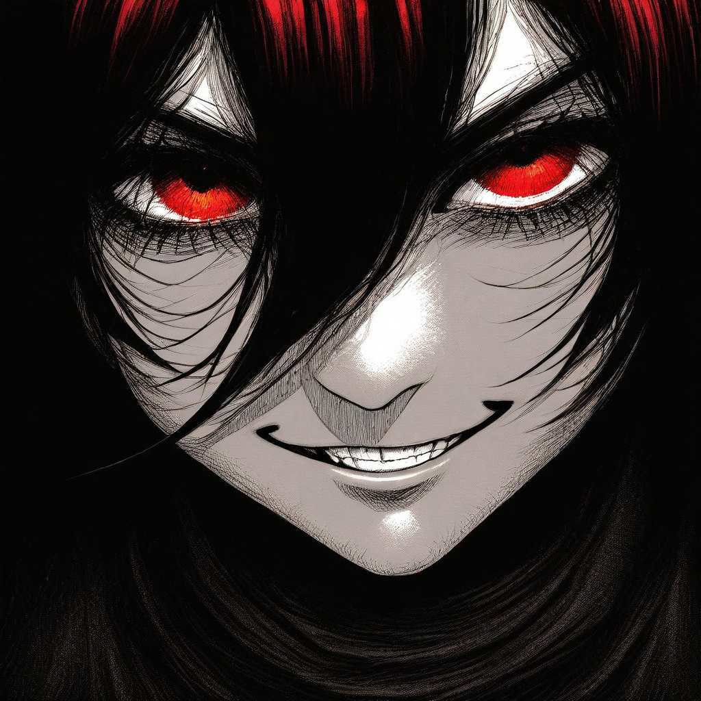 nistyle, 1girl, face closeup, hair between eyes, shadow, evil grin, monochrome with color, high quality, two toned, manga, illustration, newest, absurdres,