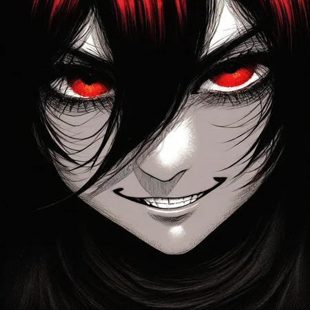 nistyle, 1girl, face closeup, hair between eyes, shadow, evil grin, monochrome with color, high quality, two toned, manga, illustration, newest, absurdres,
