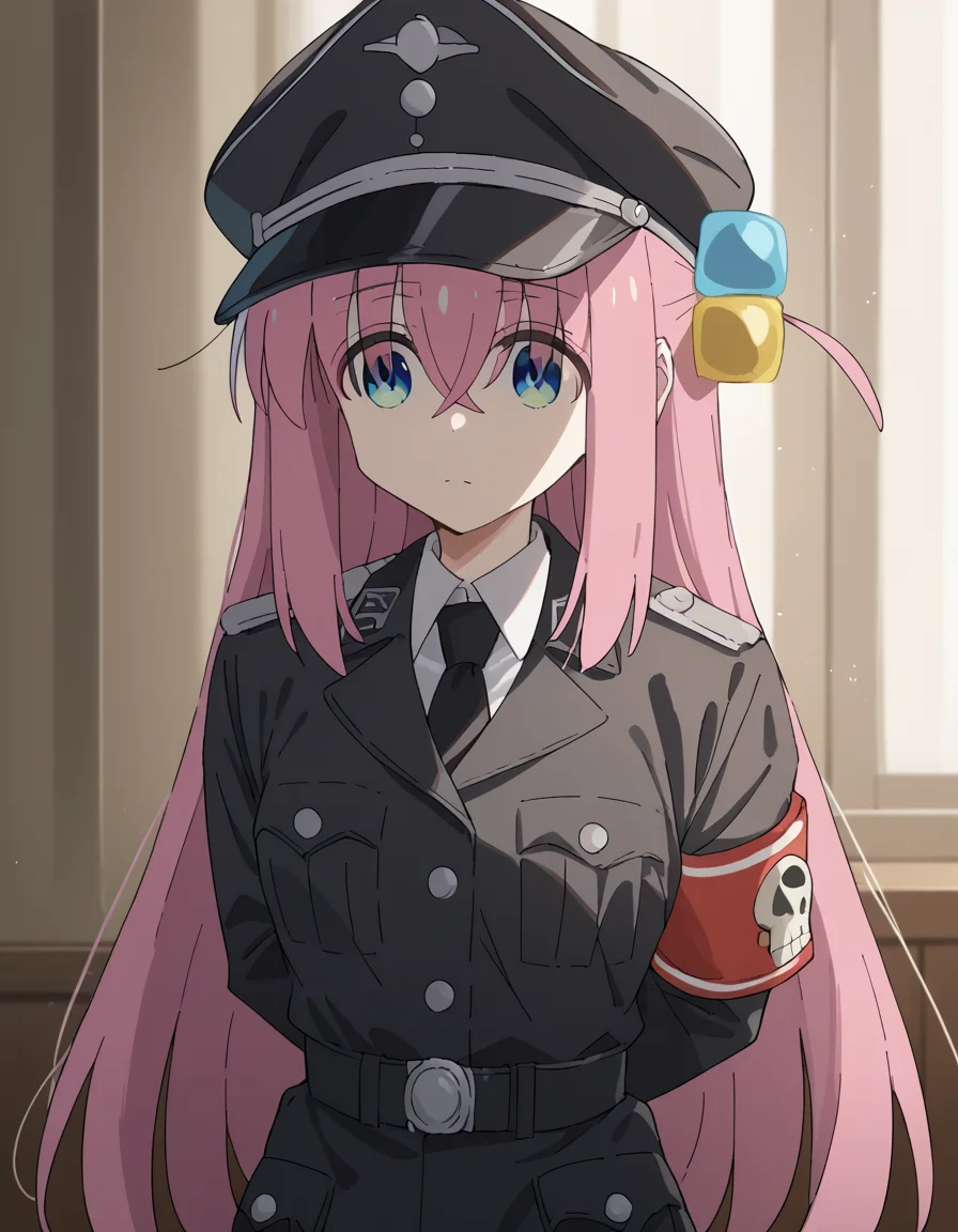 score_9, score_8_up, score_7_up, source_anime, hitorigotou, <lora:hitori-gotou-s1-ponyxl-lora-nochekaiser:1>, hitori gotou, blue eyes, cube hair ornament, hair between eyes, hair ornament, pink hair, one side up, long hair, medium breasts,, <lora:warden-ponyxl-lora-nochekaiser_r1:1>, skull hat ornament, uniform, military uniform, black uniform, hat, cap, black cap, armband, collared shirt, black necktie,, indoors, hands behind back,, cowboy shot,