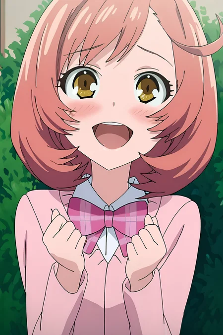 masterpiece, best quality ,very aesthetic, absurdres, ayase naru, <lora:ayase naru:1>, smile, <lora:illustrious_noobai_epsilon_pred_1_best_quality_v1:1>,source_anime, upper body, open mouth, front view, shy, happy,