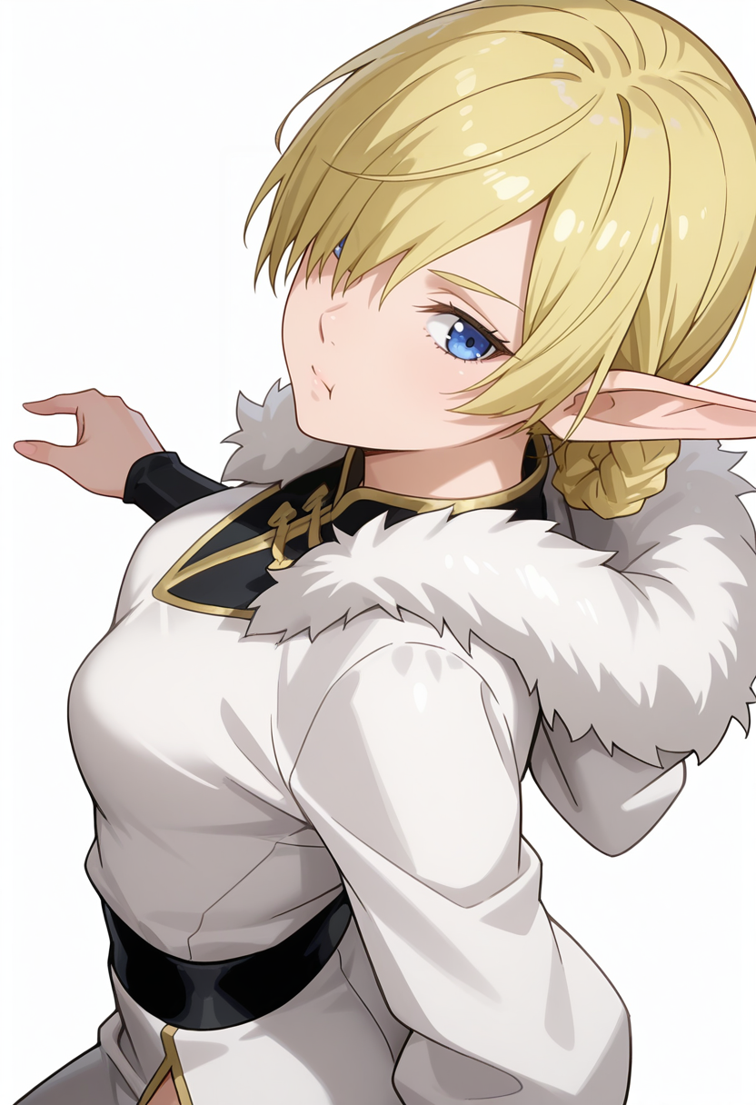Smooth Quality,masterpiece,very intricate, high quality details, ultra realistic, high detailed skin,detailed enviorement,absurdres, 
simple background, white background, 
dutch angle,dancing,
:t,solo, 
 <lora:Kagali_cnn:0.8> 1girl, short hair, blonde hair, blue eyes, pointy ears, braid, hair over one eye, elf,fur-trimmed jacket,  ,qipao top,  ,baggy pants, ,