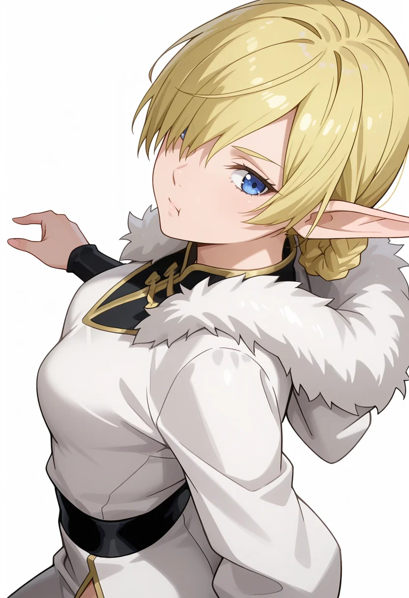 Smooth Quality,masterpiece,very intricate, high quality details, ultra realistic, high detailed skin,detailed enviorement,absurdres,
simple background, white background,
dutch angle,dancing,
:t,solo,
<lora:Kagali_cnn:0.8> 1girl, short hair, blonde hair, blue eyes, pointy ears, braid, hair over one eye, elf,fur-trimmed jacket, ,qipao top, ,baggy pants, ,