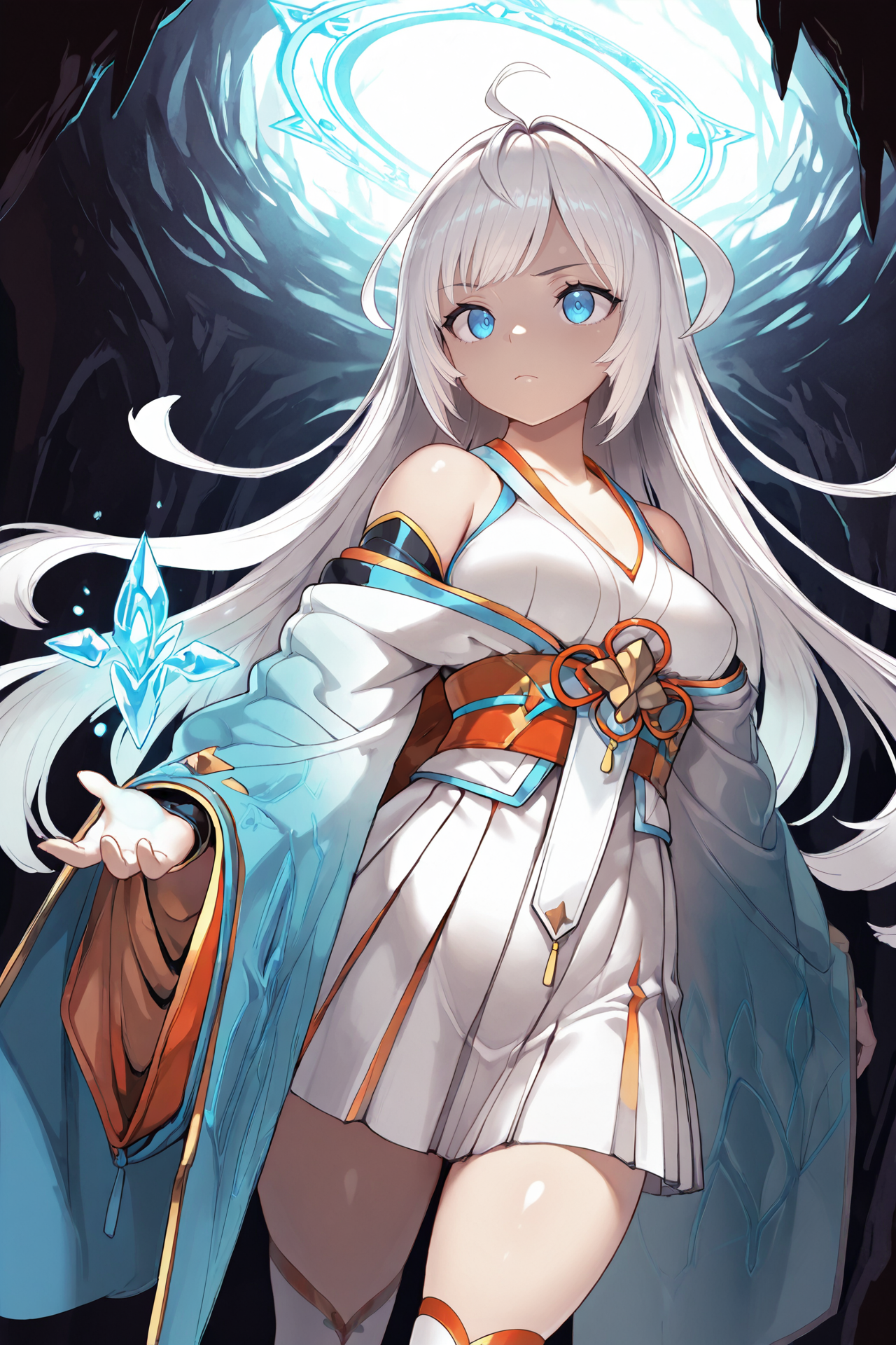 masterpiece, best quality, amazing quality,8K,high resolution  <lora:nagi_ayrb_0.3:1>
nagi_ayrb,kimono,kote,pleated skirt,thighhighs,
serious, inside cave, faint light, glowing crystals, magical circle, blue mist,
low key lighting, dramatic shadows, backlight, volumetric fog,
tense atmosphere, fantasy, intricate environment, dutch angle,