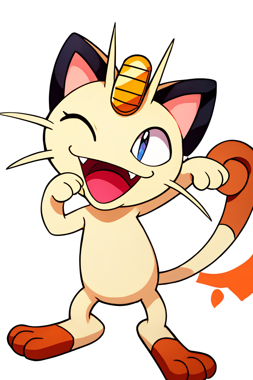 score_9, score_8_up, score_8,  ,,,  zzMeowth, smile, open mouth, simple background, white background, full body, one eye closed, fangs,  ,<lora:MeowthPokedexPDXL:1.0>,   ,,, ,,, embedding:zPDXL, Expressiveh, <lora:CatalystStylePDXL:0.6>,  <lora:SDXLFaeTastic2400:0.5>,  <lora:Expressive_H-000001:0.4>,
