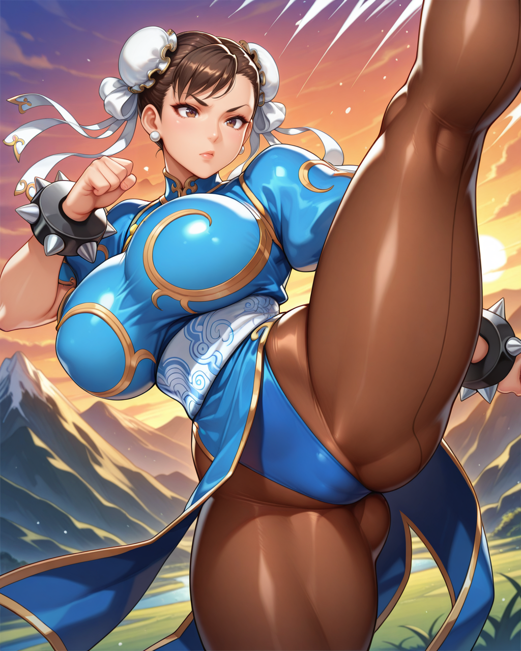 masterpiece,best quality,highres illustration,detailed face,1girl,cowboy shot,<lora:gorgeousbody_IL:1>,gorgeous body,chun-li,kicking,pantyhose,mountain,sunset,