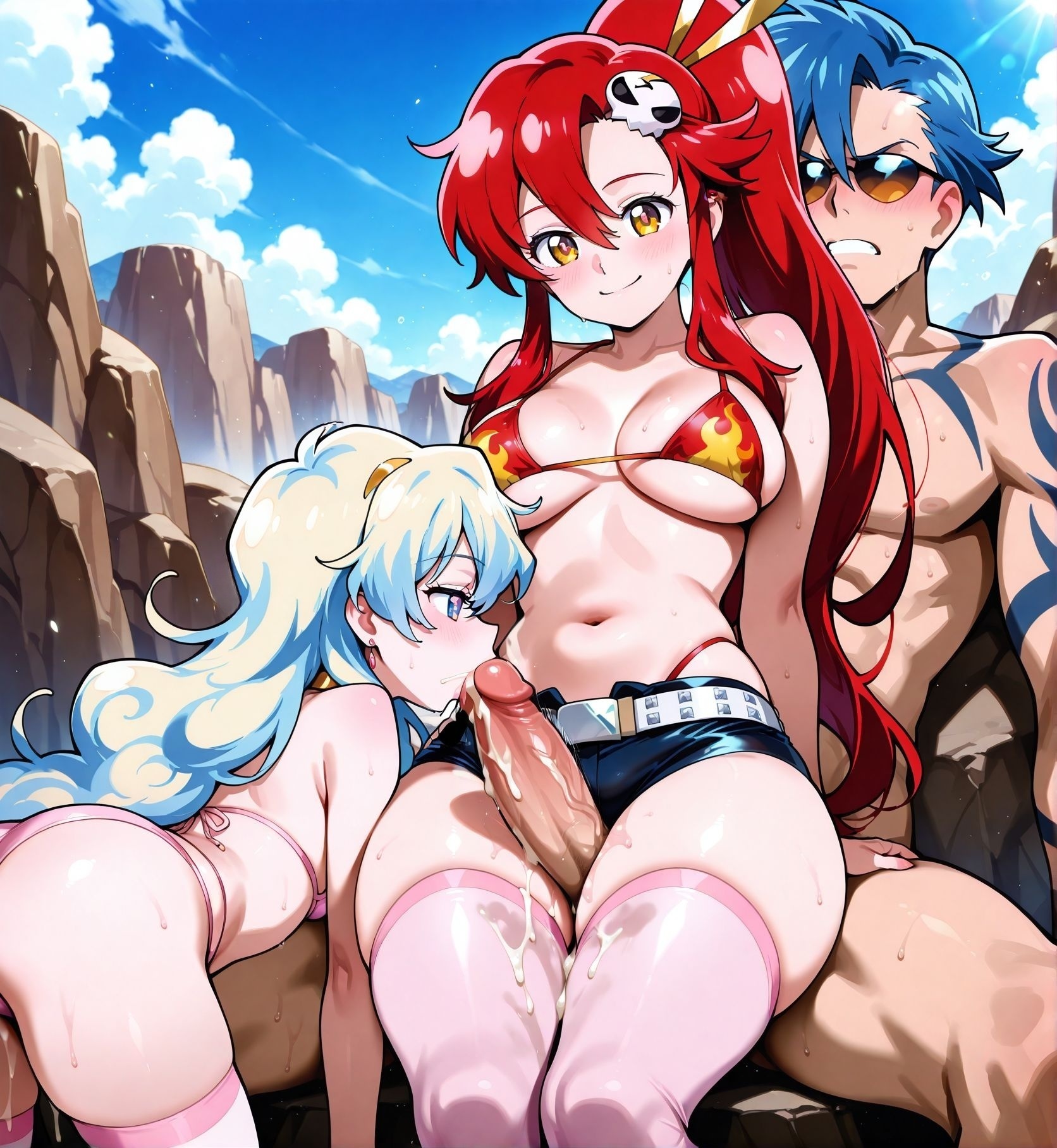<lora:add-detail-xl:0.5>,,masterpiece,best quality,anime coloring,anime screenshot,
<lora:Thighjob_with_handjob:0.9> Thighjob_V1, 
fellatio through another's thighjob, looking at another, precure, 
teamwork (sexual), (2girls), ffm threesome, front view, cum, 
1boy, thighjob, multiple girls, faceless male,  thighhighs, 
sitting on lap, sitting, all fours female, oral sex, zettai ryouiki, 
sunglasses male, 
BREAK
Nia nia teppelin, 
outdoors, day, rock,Wilderness，
thick thighs, 
Yoko Littne (tengen toppa gurren lagann),  red hair, 
Kamina,
fire bikini,short shorts, 
tengen toppa gurren lagann, official art, 
20YO,milf,adult,