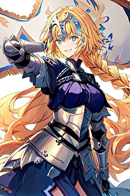 solo, 1girl, solo_focus,
jeanne_d_arc_fgo, blonde_hair, long_hair, blue_eyes, breasts, very_long_hair, headpiece, smile, braid, gauntlets, single_braid, large_breasts, bangs, chain