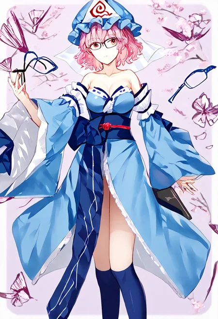 score_9, score_8_up, score_7_up, score_6_up, score_5_up, score_4_up, source_anime, 1girl,
tamamonomaecosplay, tamamo no mae \(cosplay\), bare shoulders, blue kimono, blue thighhighs, detached sleeves, japanese clothes, kimono, obi, sash, collarbone, thighhighs, wide sleeves,
yuyuko, saigyouji_yuyuko, bespectacled, glasses, mob_cap, triangular_headpiece, blue_hat,
masterpiece, best quality, very aesthetic, absurdres,