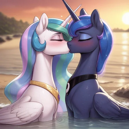 score_9, score_8_up, score_7_up, score_6_up, pony, alicorn, feral, mare, duo, (princess luna), princess celestia, no breasts, beach, outdoors, sunset, tail, photo_realistic, anatomically correct, blushing, in water, side view, wet body, wet hair, kissing, closed eyes