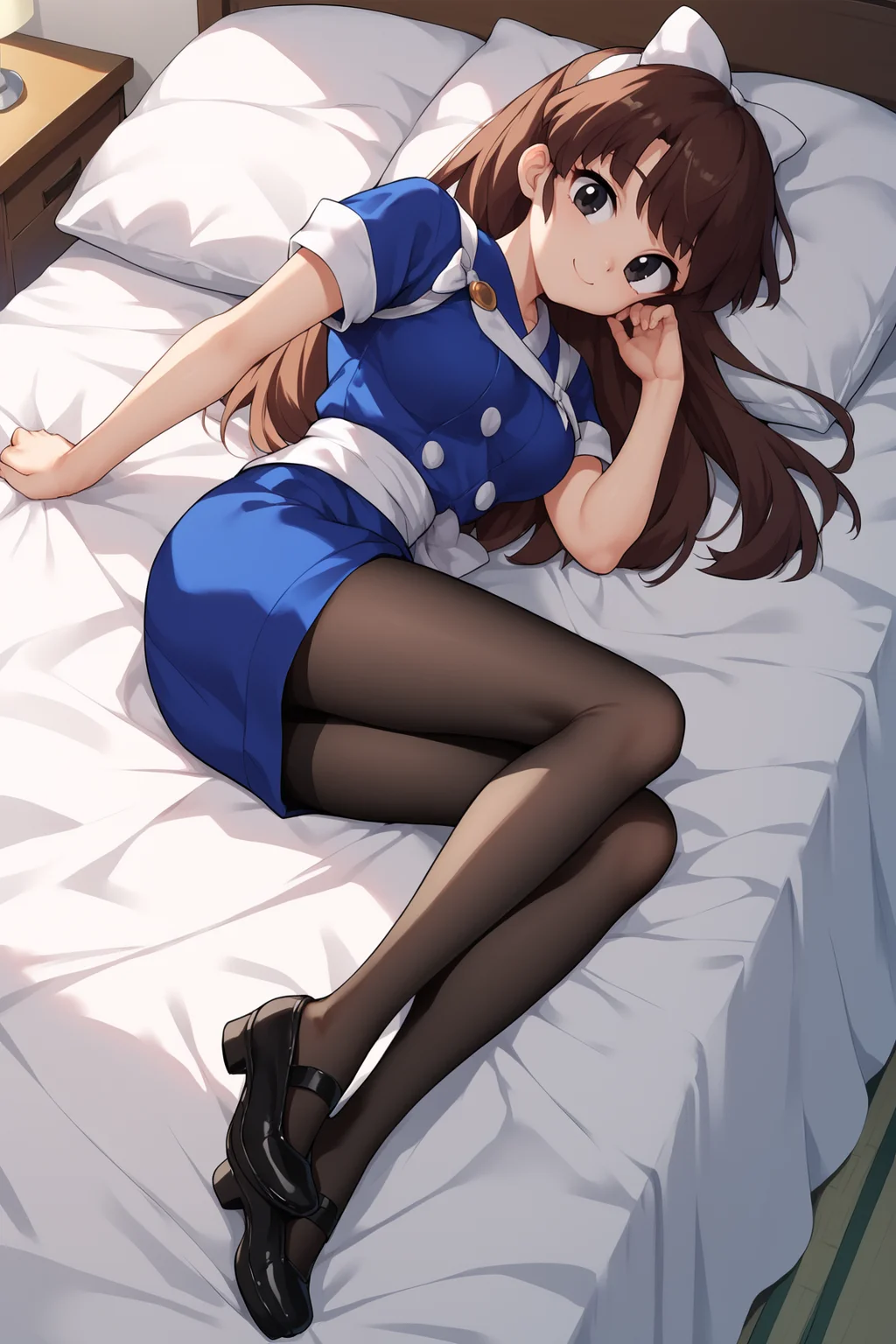 score_9, score_8_up, score_7_up, score_6_up, score_5_up, score_4_up, UkyoKuonjiRXL, 18years, big eyes, black eyes, brown hair, long hair, bangs, hair white bow, medium breasts, short sleeves, blue kimono, white tasuki, black pantyhose, black shoes, solo, lying on bed, full body, seductive smile, looking at viewer, indoors <lora:UkyoKuonjiRXL:1>