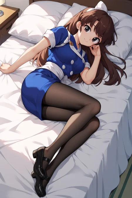 score_9, score_8_up, score_7_up, score_6_up, score_5_up, score_4_up, UkyoKuonjiRXL, 18years, big eyes, black eyes, brown hair, long hair, bangs, hair white bow, medium breasts, short sleeves, blue kimono, white tasuki, black pantyhose, black shoes, solo, lying on bed, full body, seductive smile, looking at viewer, indoors <lora:UkyoKuonjiRXL:1>