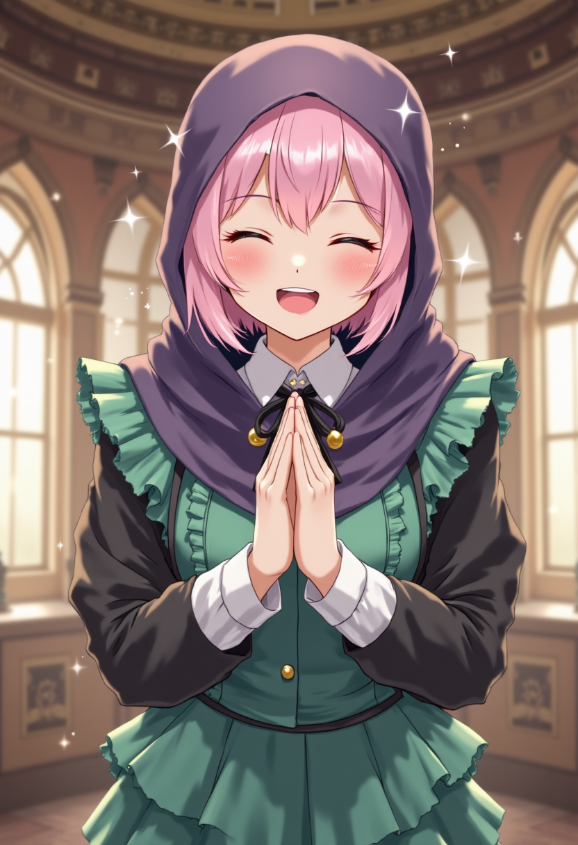 ADD OVERLAY TEXT:"HAPPY EID MUBARAK! UKHTI CIVCHAN". Create an illustration of a cheerful, anime-style character with short pastel pink hair and rosy cheeks. The character should have a bright, radiant smile with closed eyes and small sparkles around their head. They are wearing a dark purple hood over a dark coat with white cuffs, paired with a vibrant green dress featuring ruffled details. The character's hands are clasped together in a prayer-like gesture, expressing gratitude or excitement. The background is an elegant indoor setting with large arched windows allowing soft, golden light to fill the space, and the walls have classic wooden paneling or ornate detailing. The overall mood should be warm, positive, and inviting.
ADD OVERLAY TEXT:"HAPPY EID MUBARAK! UKHTI CIVCHAN"