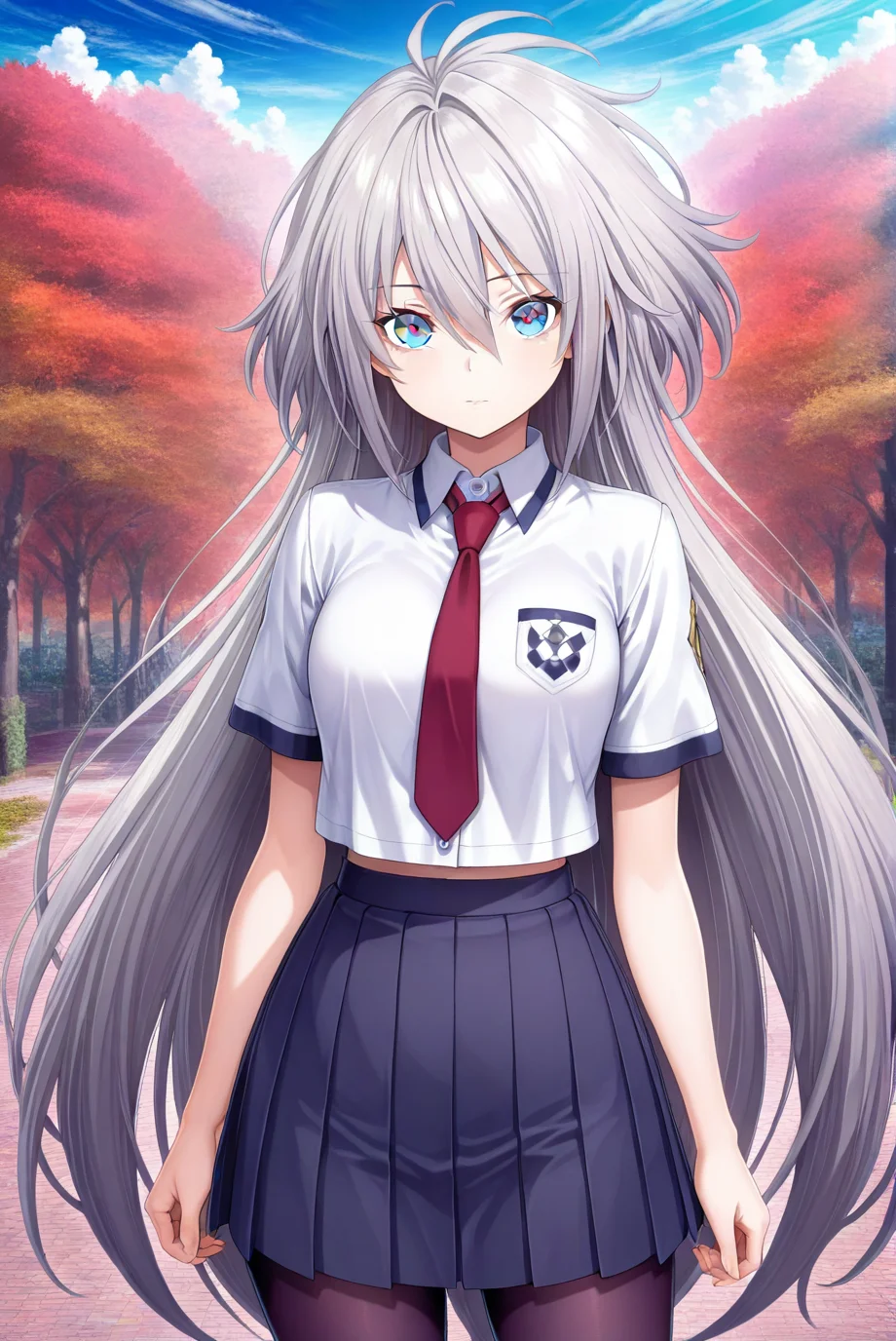SkyStrikerAce-Zero,1girl,solo,long hair,grey hair,looking at viewer,very long hair,hair between eyes,blue eyes,<lora:Sky Striker Ace - Zero:0.8>,scenery,upper_body,school uniform,pleated skirt,pantyhose,white shirt,red necktie,, masterpiece,best quality,amazing quality,