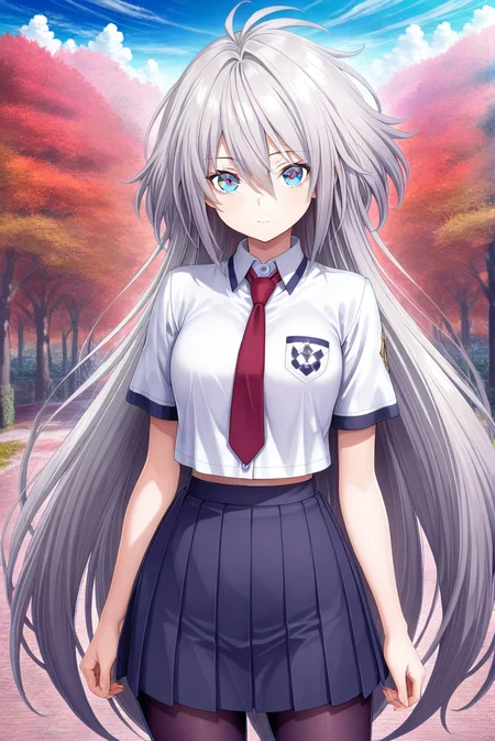 SkyStrikerAce-Zero,1girl,solo,long hair,grey hair,looking at viewer,very long hair,hair between eyes,blue eyes,<lora:Sky Striker Ace - Zero:0.8>,scenery,upper_body,school uniform,pleated skirt,pantyhose,white shirt,red necktie,, masterpiece,best quality,amazing quality,