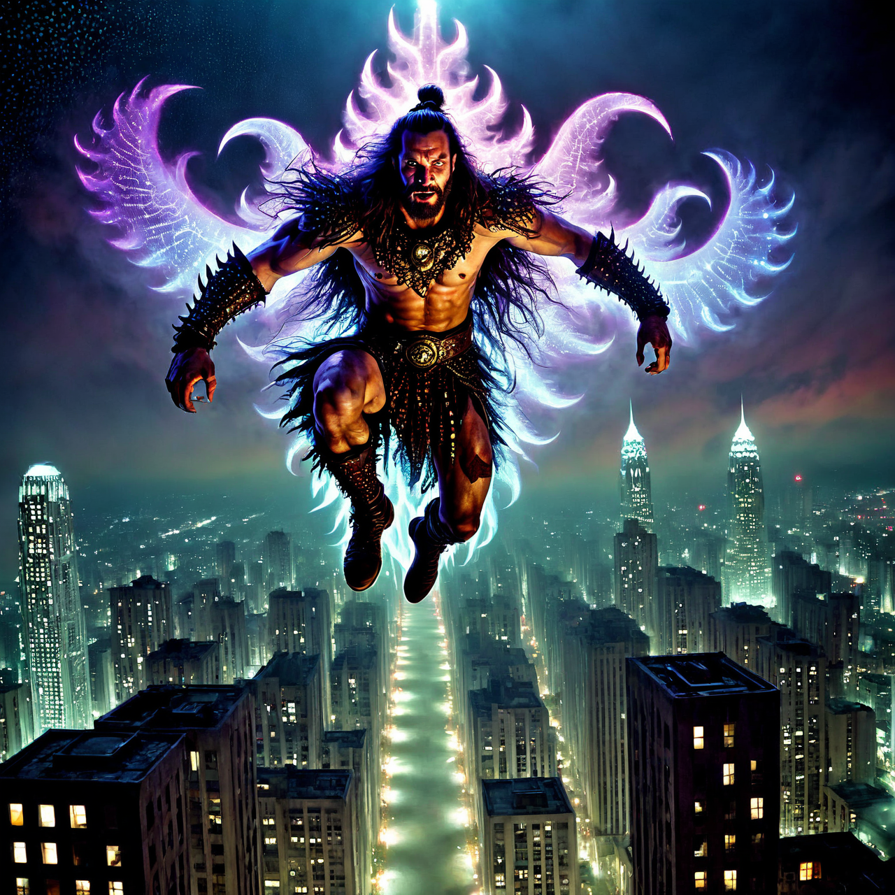 a magnificent male barbarian jumping in a skyscraper at night, dw01-3400, very detailed, intricate, warm colour palette