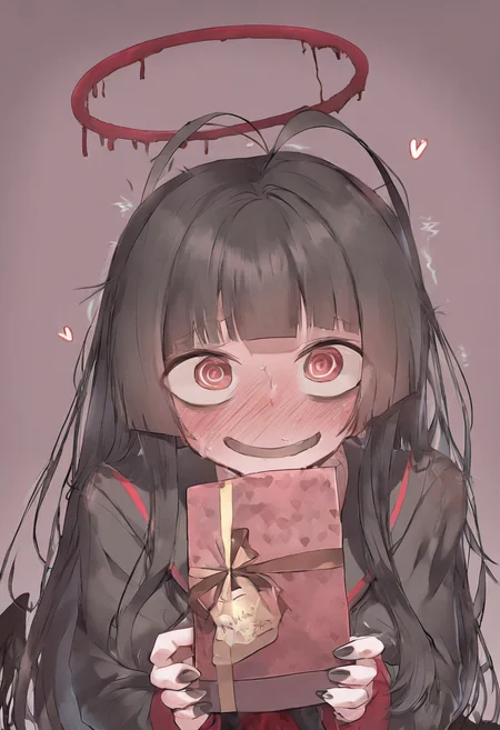 blue archive, tsurugi \(blue archive\), 1girl, @ @, antenna hair, bags under eyes, black hair, black shirt, black wings, blunt bangs, blush, box, gift, gift box, halo, heart, holding, holding box, incoming gift, looking at viewer, melting halo, nail polish, nervous smile, nervous sweating, nose blush, red eyes, red halo, school uniform, serafuku, shirt, smile, solo, sweat, sweatdrop, trembling, upper body, valentine, wings, masterpiece, best quality, good quality