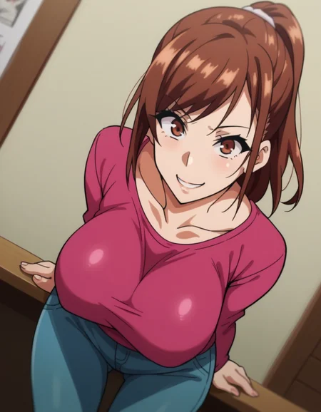 score_9, score_8_up, score_7_up, source_anime,
hisatoazuma, <lora:hisato-azuma-ova-ponyxl-lora-nochekaiser:1>,
hisato azuma, brown hair, brown eyes, large breasts,
shirt, ponytail, pink shirt, long sleeves, collarbone, pants, denim,
indoors, bent over, smile,
looking at viewer, cowboy shot, solo, dutch angle,