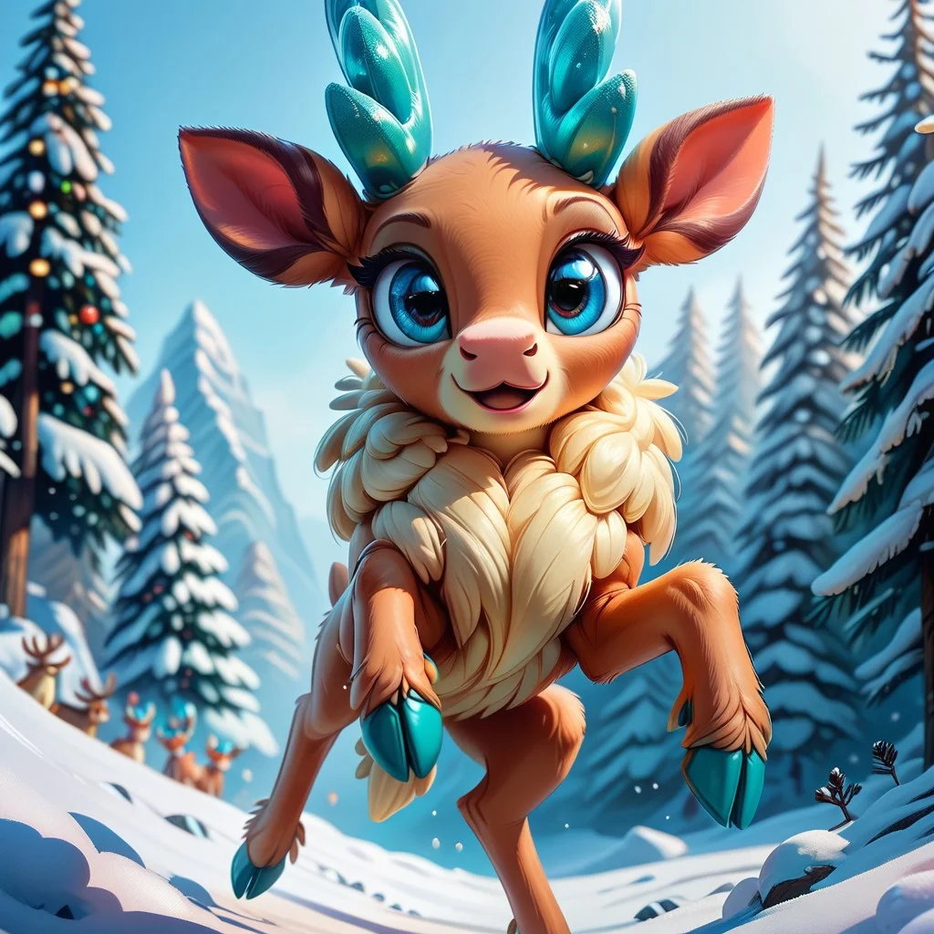 score_9, score_8_up, score_7_up, velvet_fherds, realistic, reindeer, cute, winter forrest, vivid colors, leaping, jumping, front view, snow, looking at viewer, masterpiece