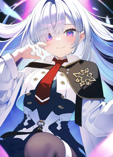 masterpiece,best quality,newest,very aesthetic,absurdres,highres,newest,year 2024,year 2023,artist:konya_karasue,artist:hoji(hooooooooji1029),michiking,artist:ningen_mame,mignon,[artist:kani_biimu],artist:ogipote,artist:sy4,noyu_(noyu23386566),
<lora:insightfull:1>,insight(\arcaea)\,1girl,solo,long hair,blue eyes,bangs,silver hair,very long hair,thigh strap,capelet,shoulder armor,white jacket,pantyhose,blue dress,red necktie,purple eyes,
,hair over one eye,brown pantyhose,