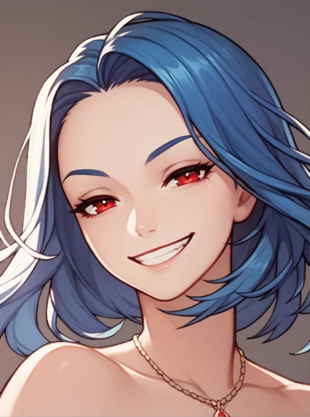 score_9, score_8_up, score_7_up, score_6_up, 1girl, solo, close-up, smile, grin, half-closed eyes, looking at viewer, blue hair, raised eyebrows, red eyes, necklace, <lora:kingsstyle-10:1>