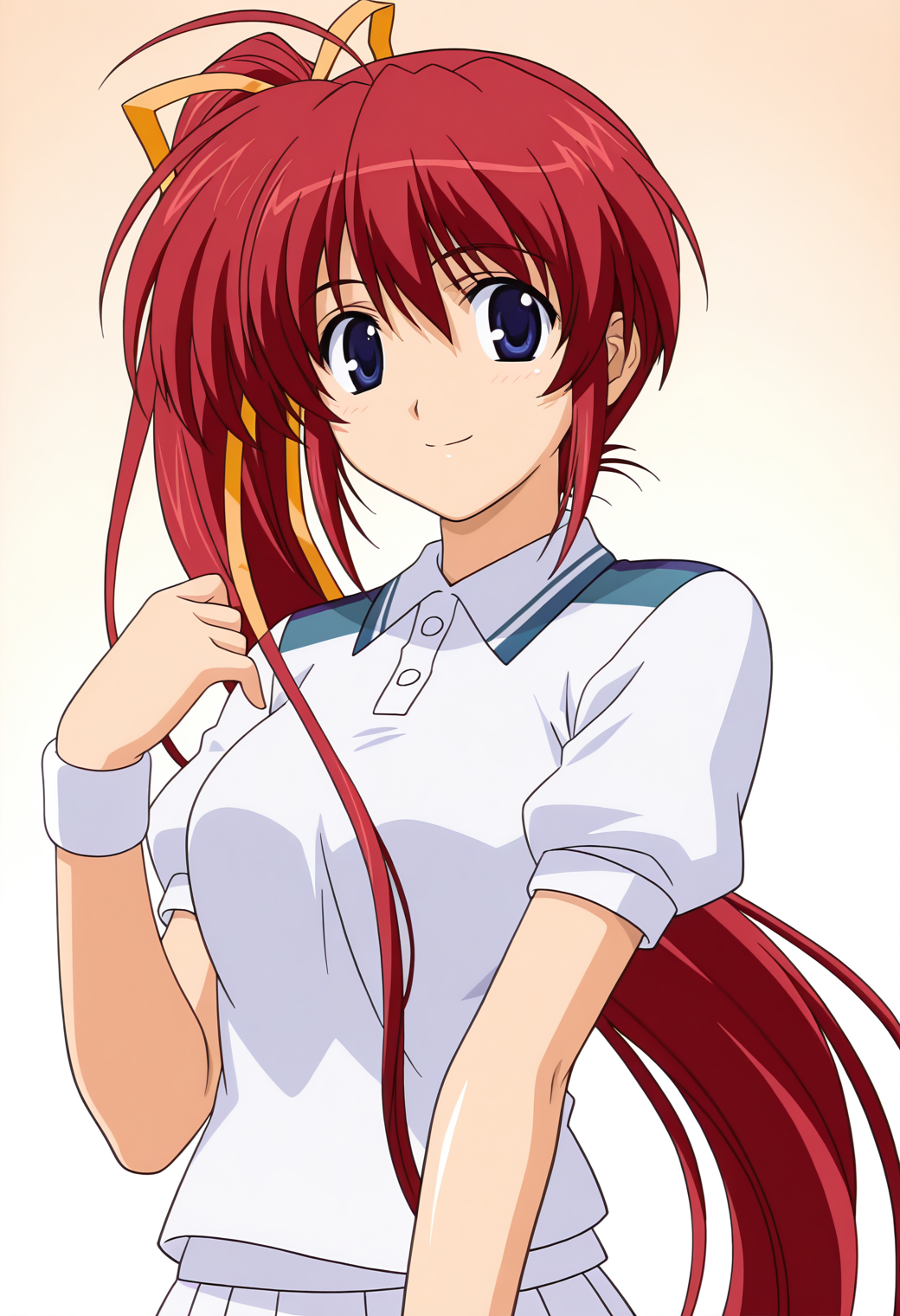 masterpiece, best quality, very aesthetic, absurdres, 1girl, solo,
<lora:takase_mizuki_v01:0.9>, takase_mizuki, mizuki_tennis2, red hair, very long hair, ahoge, side ponytail, blue eyes, breasts,
yellow hair ribbon, tennis uniform, polo shirt, short sleeves, wristband, (smile:0.7), posing, upper body
