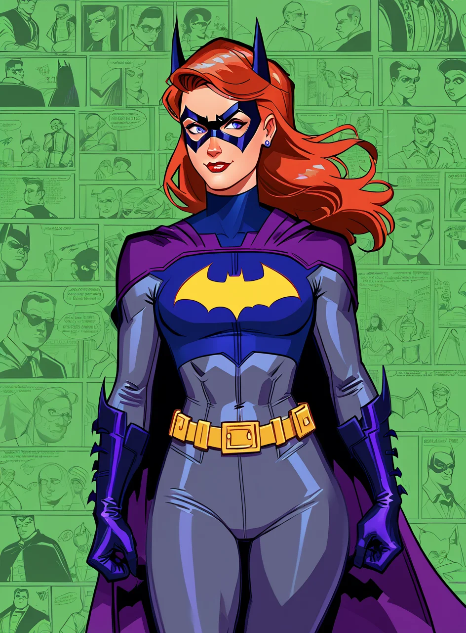 score_9, score_8_up, score_7_up, grey bodysuit, batgirl, red hair, purple cowl, purple cape,1girl, bullypxl, comic wallpaper, <lora:bullypxl:0.8>, green background,