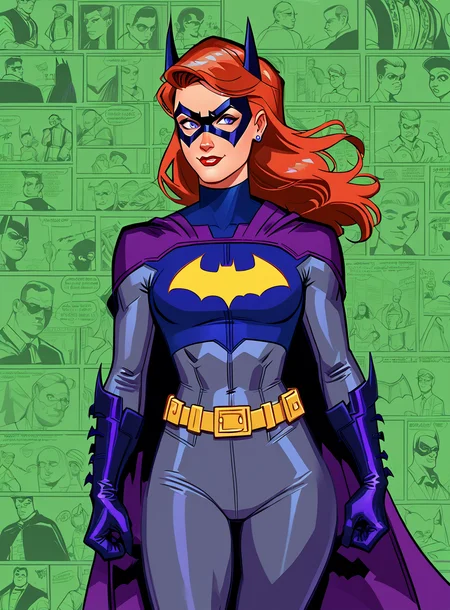 score_9, score_8_up, score_7_up, grey bodysuit, batgirl, red hair, purple cowl, purple cape,1girl, bullypxl, comic wallpaper, <lora:bullypxl:0.8>, green background,