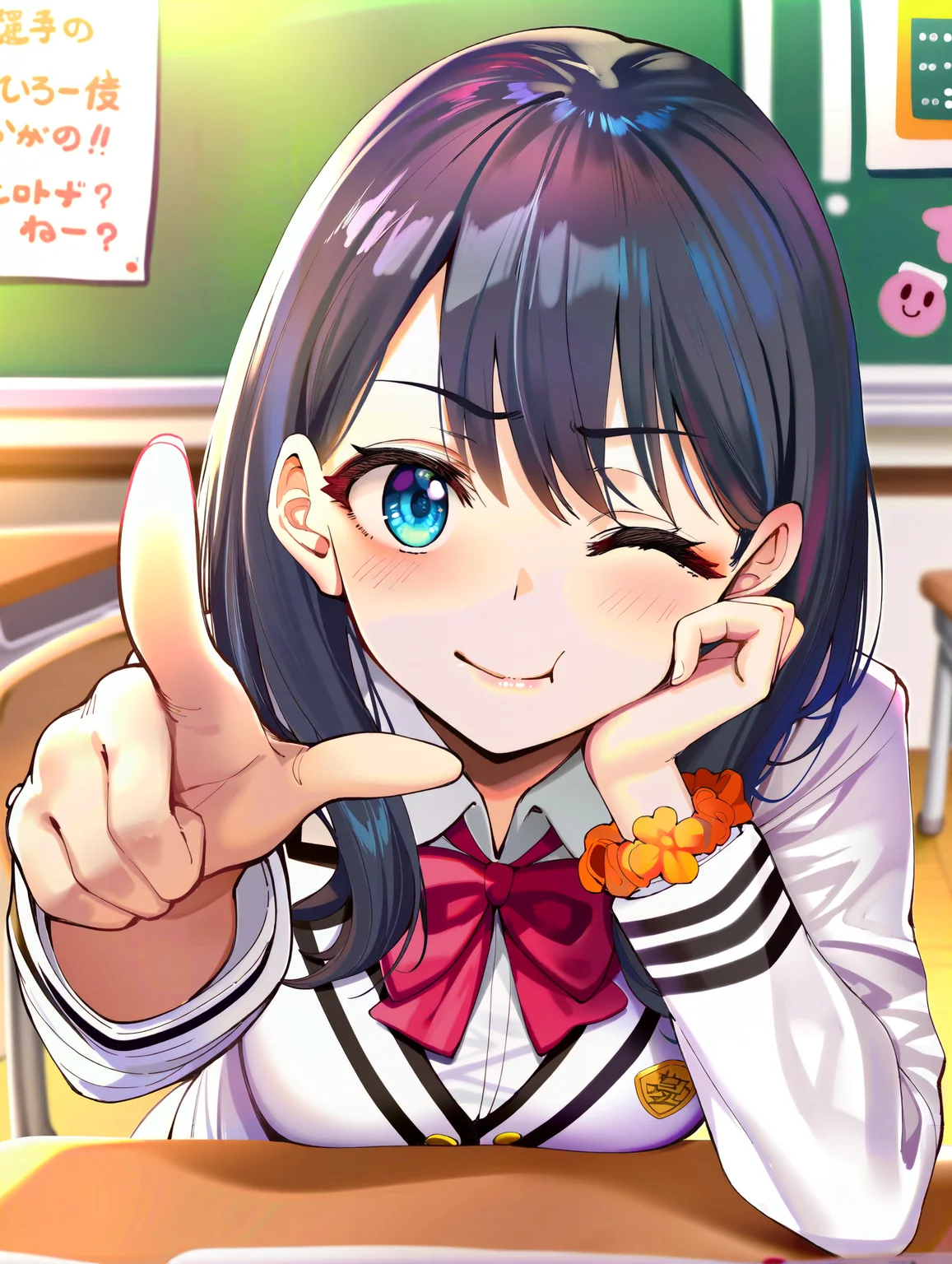 takarada rikka,1girl,solo, artist:koruri,artist:haoni,artist:deadnooodles,artist:mishima_kurone,artist:yd orange maru,year 2023, black hair,smile,looking at viewer,one eye closed,pov,close-up,blue eyes,medium hair, pointing at viewer,orange scrunchie, :t,white shirt,school uniform,standing,cowboy shot,classroom, bent over,head rest,head tilt,face focus,
satou kuuki, momoko \(momopoco\), yusha m, dishwasher1910, kcar66t, torino aqua, shunichi, ebifurya,
masterpiece,best quality,amazing quality,very aesthetic,absurdres,newest, anime screenshot, crisp, sharp,
<lora:NOOB_EPSv1_1_detailer_by_vlnvk_v0_5:1.5>
